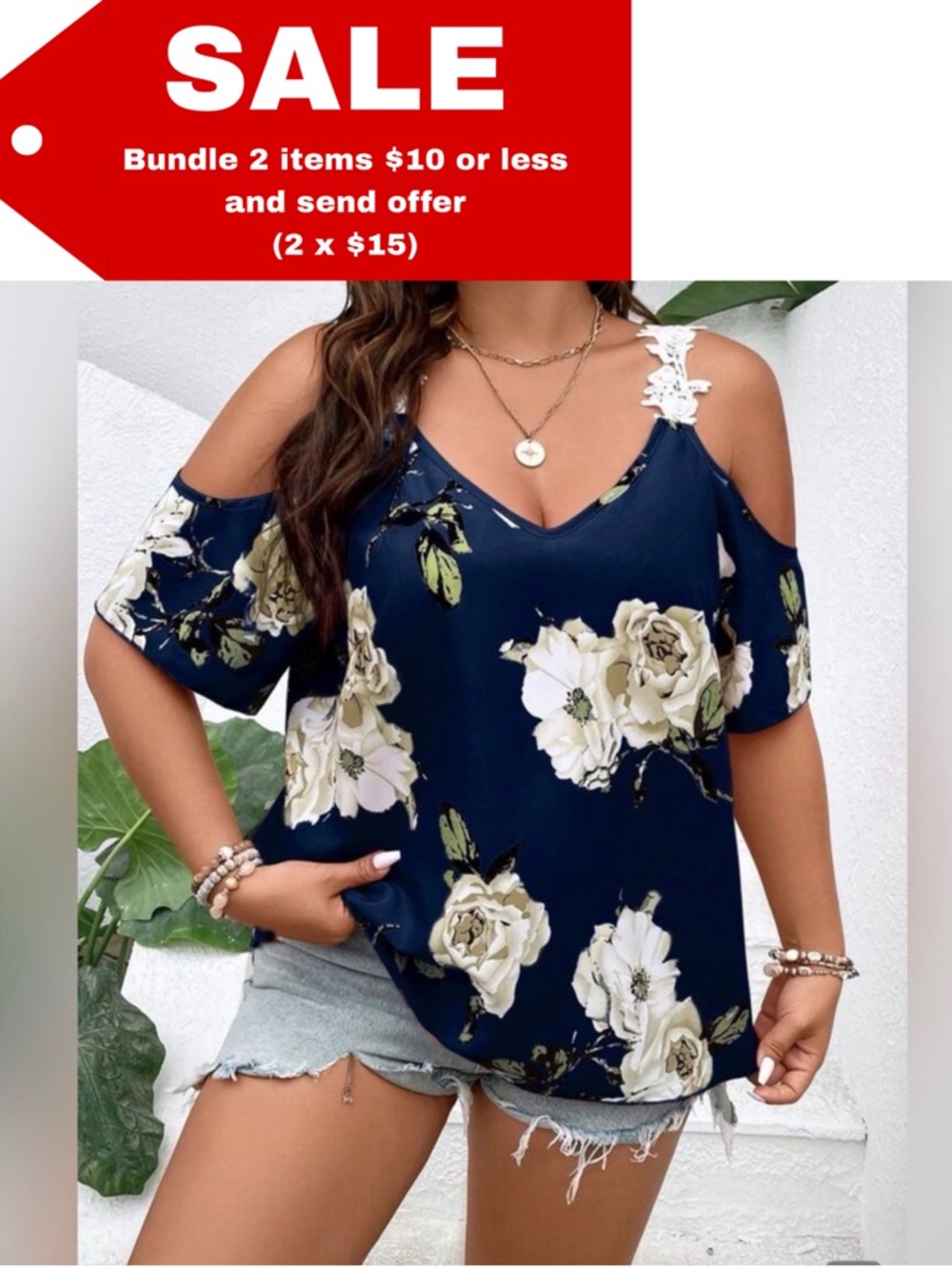SHEIN Plus Floral Print Cold-Shoulder Blouse -1XL- NWOT